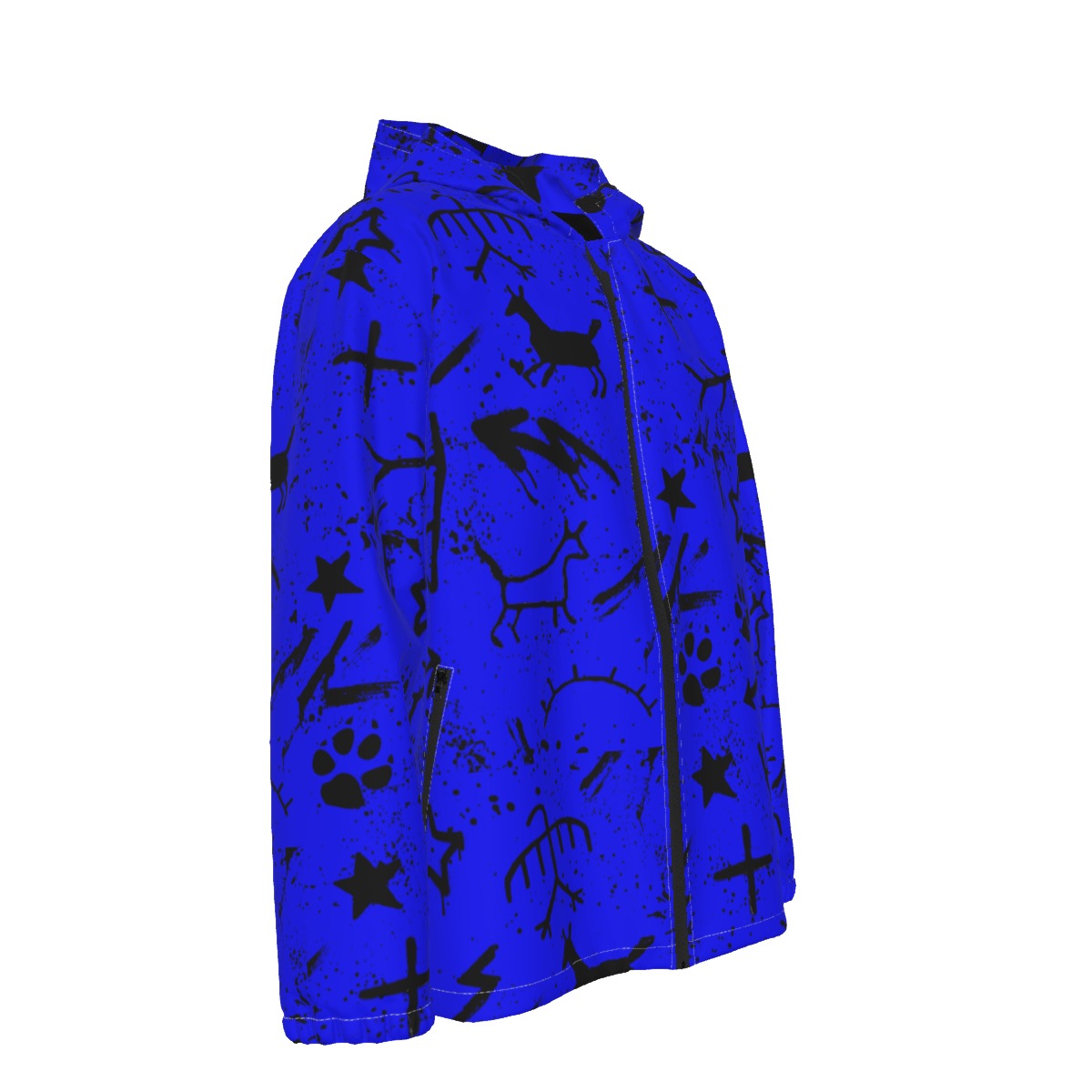 Blue Pictograph Hooded Zipper Windproof Jacket