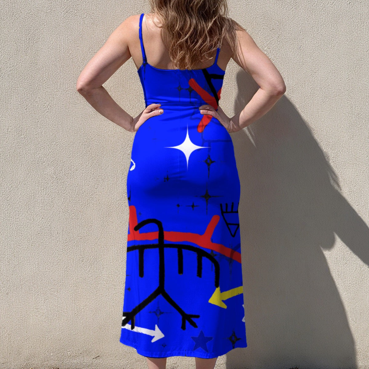 Blue paint stretchy sleeveless suspender dress