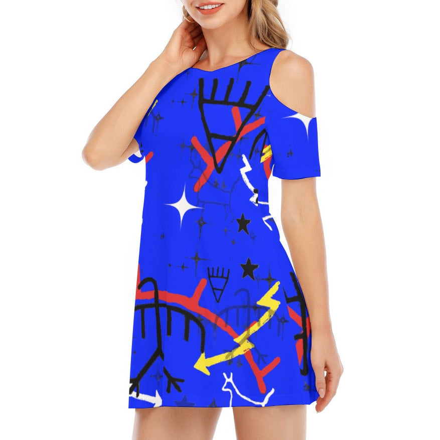 Blue paint wall Shoulder Dress | 190GSM Cotton