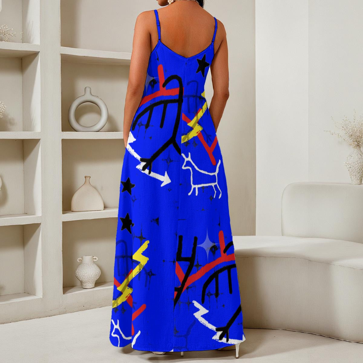 Blue pictograph wall V-Neck Maxi Dress