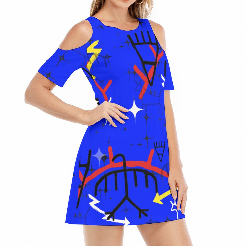 Blue paint wall Shoulder Dress | 190GSM Cotton