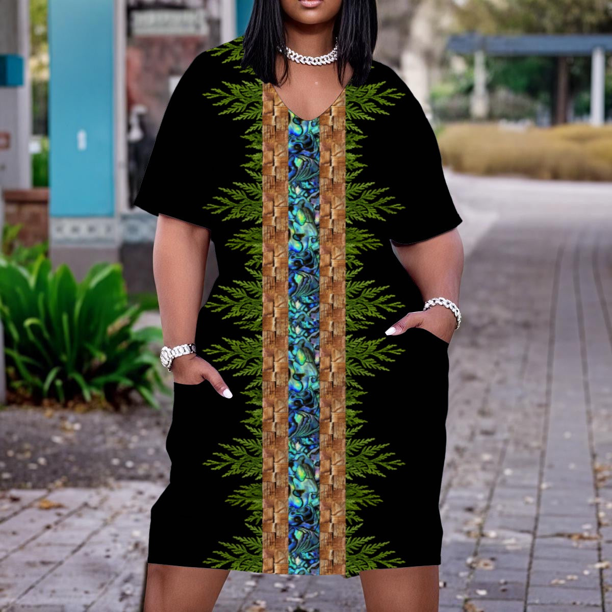 Medicine print V Neck Short Sleeve Dress|Plus Size