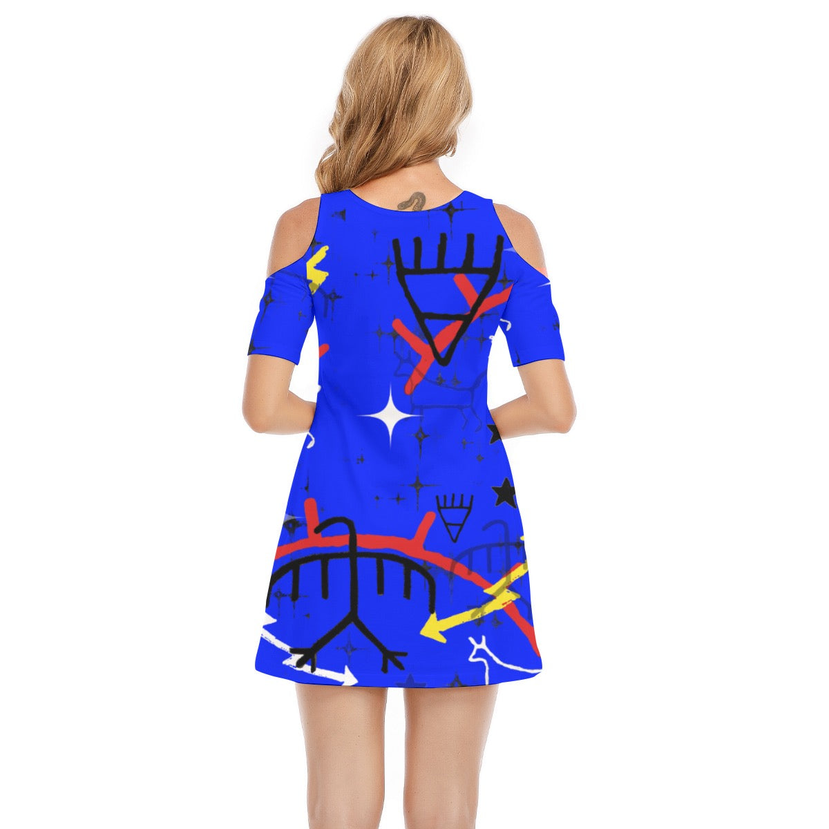 Blue paint wall Shoulder Dress | 190GSM Cotton