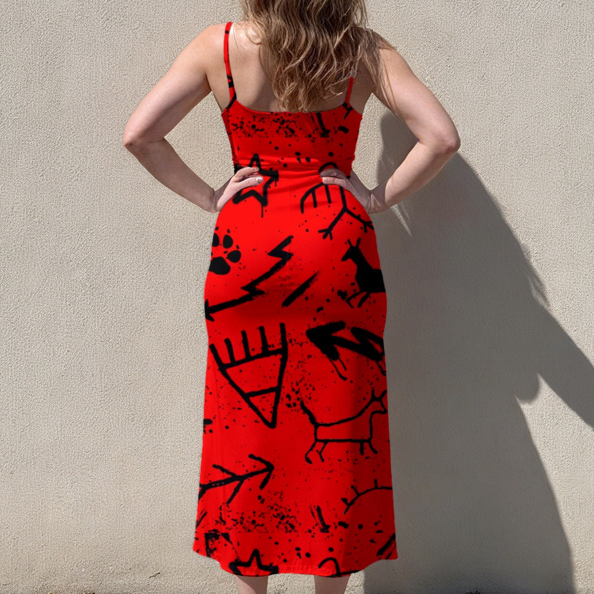 Red pictograph sleeveless suspender dress
