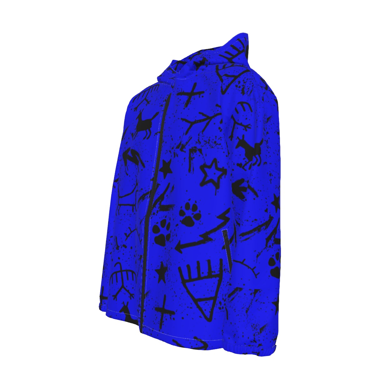 Blue Pictograph Hooded Zipper Windproof Jacket